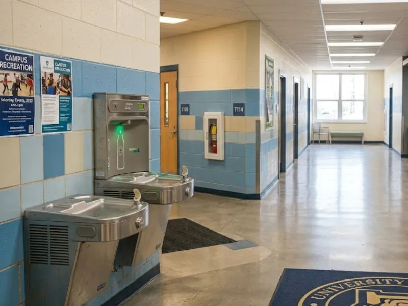 Wall-mounted stainless steel bottle filling station with a reusable bottle