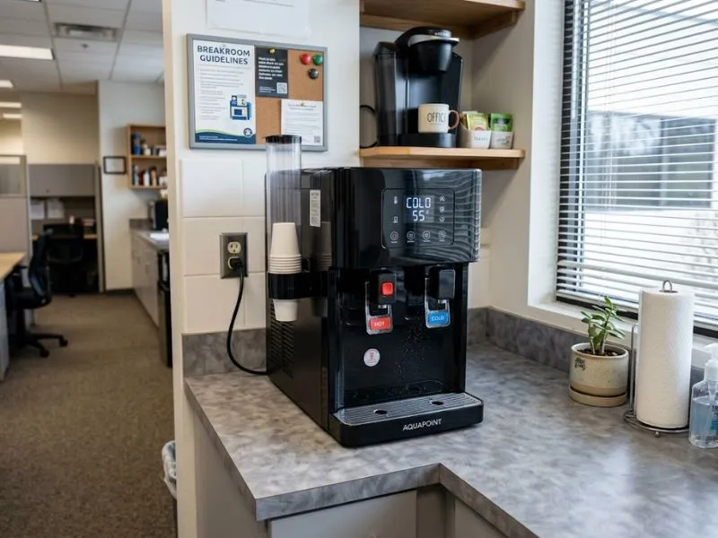 Compact countertop bottleless water dispenser on an office kitchenette counter