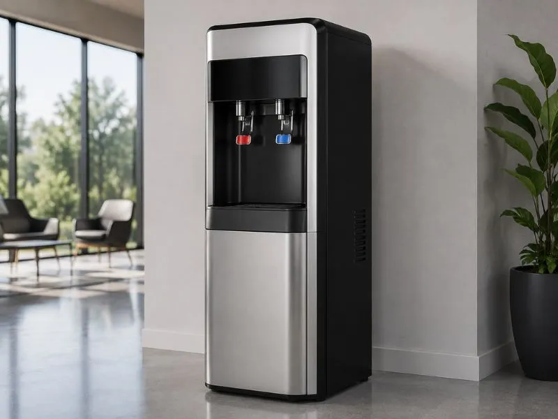 Wide stainless steel high-capacity water dispenser in a warehouse break area