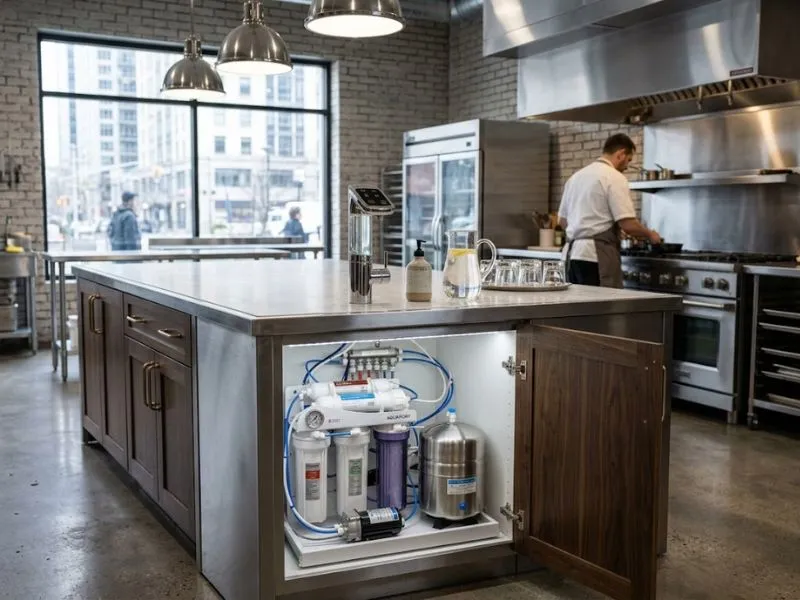 Under-counter water filtration system with a dedicated drinking water faucet beside the sink