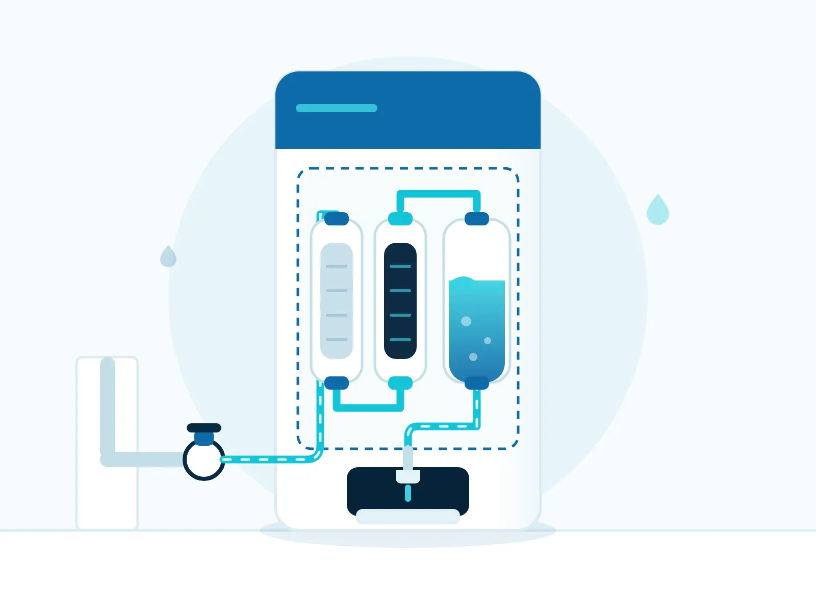 Cutaway view of a bottleless water cooler showing the sediment filter, carbon filter, chilled tank and tap